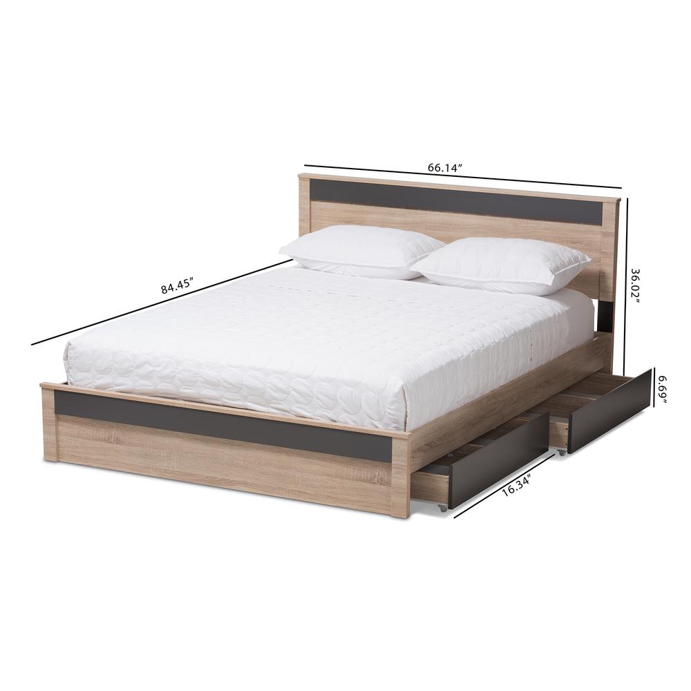 Two-Tone Oak and Grey Wood Queen 2-Drawer Queen Size Storage Platform Bed. Picture 20