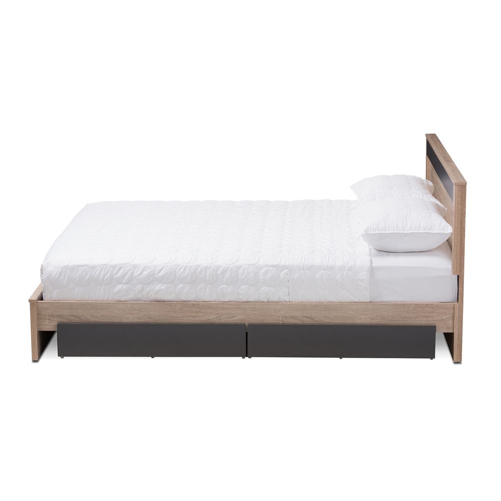 Two-Tone Oak and Grey Wood Queen 2-Drawer Queen Size Storage Platform Bed. Picture 13