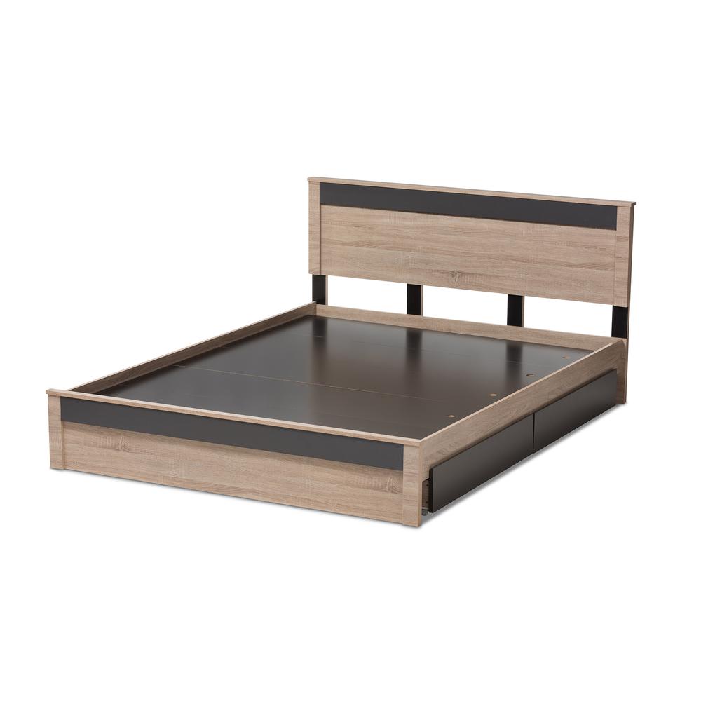 Two-Tone Oak and Grey Wood Queen 2-Drawer Queen Size Storage Platform Bed. Picture 14