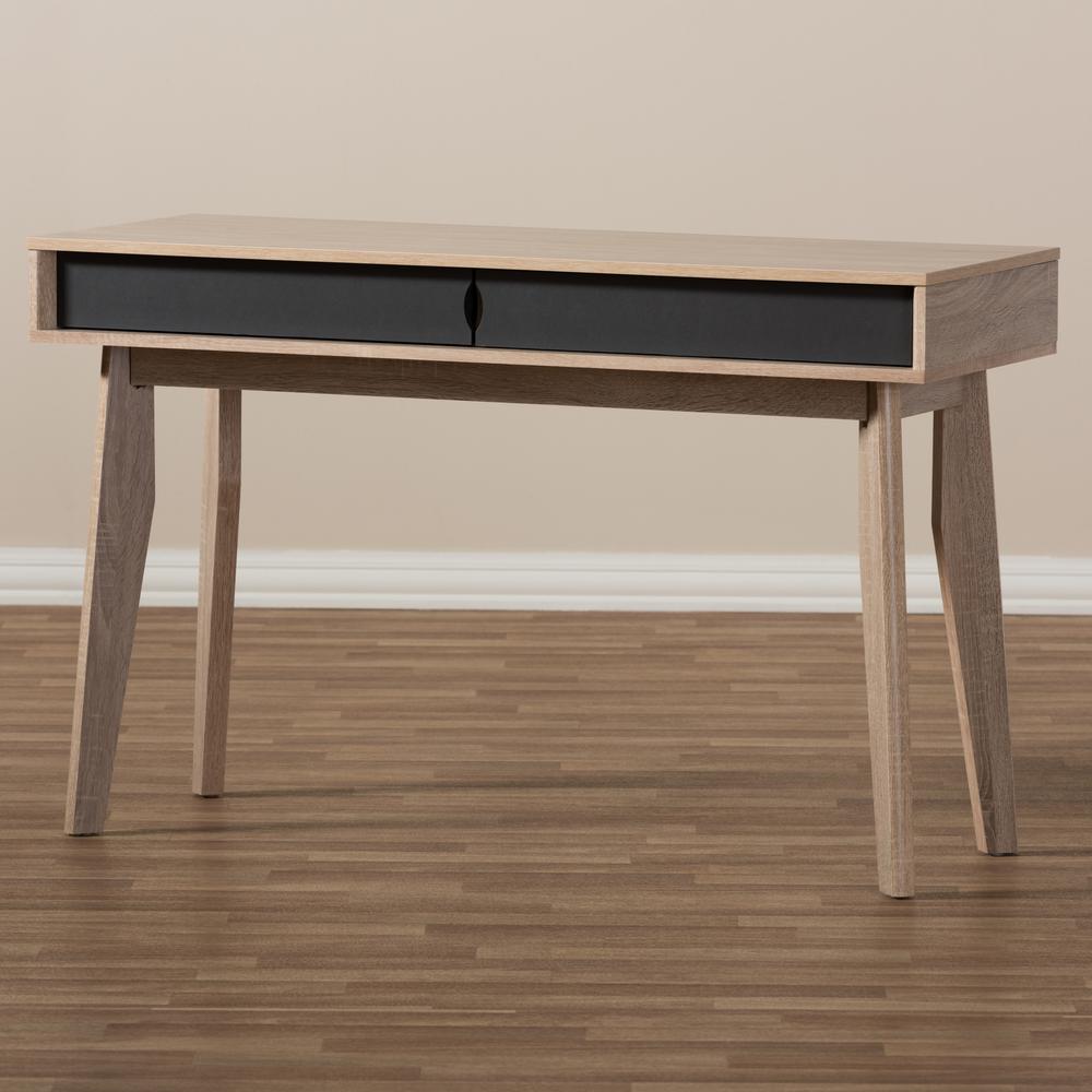 Baxton Studio Fella Mid-Century Modern 2-Drawer Oak and Grey Wood Study Desk. Picture 15