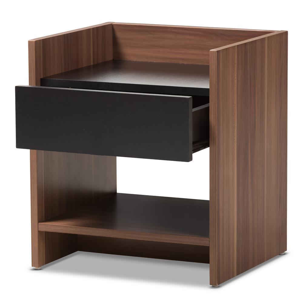 Vanda Modern and Contemporary Two-Tone Walnut and Black Wood 1-Drawer Nightstand. Picture 9