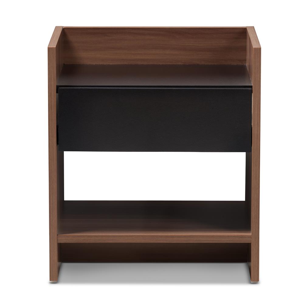 Vanda Modern and Contemporary Two-Tone Walnut and Black Wood 1-Drawer Nightstand. Picture 10