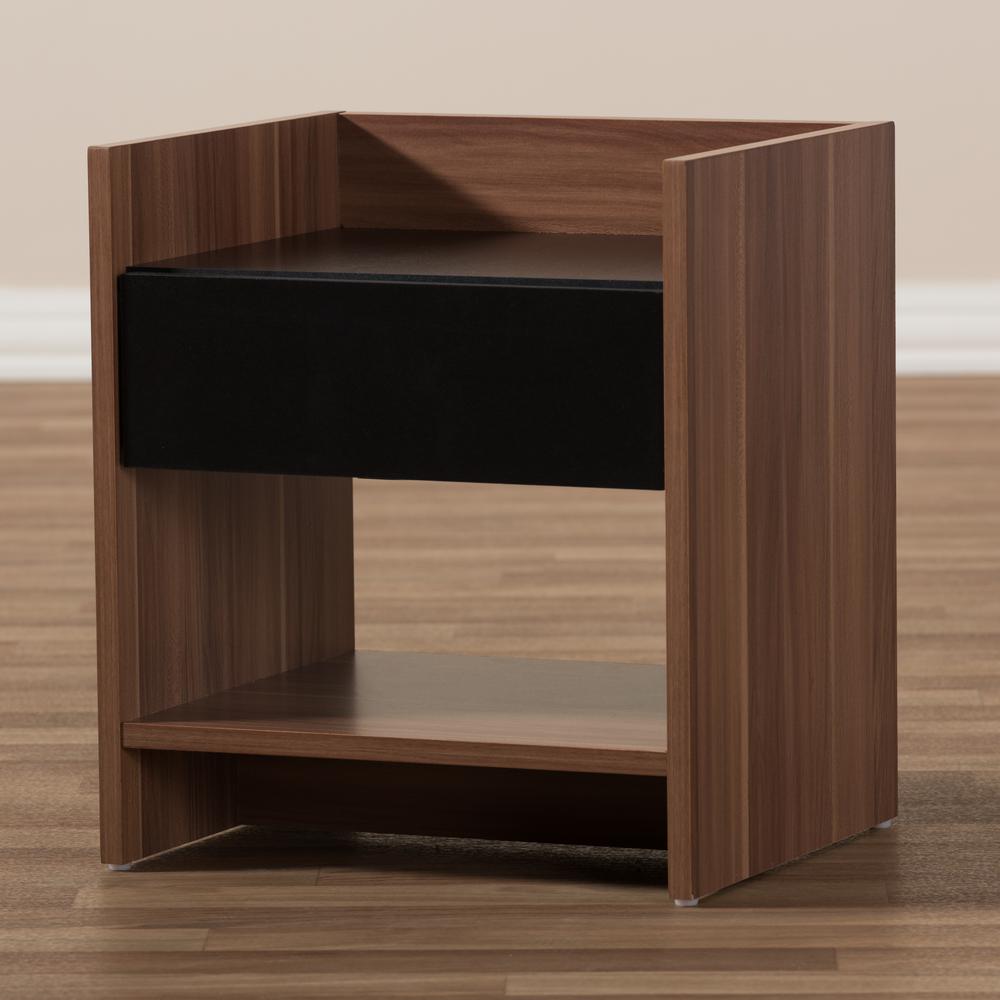 Vanda Modern and Contemporary Two-Tone Walnut and Black Wood 1-Drawer Nightstand. Picture 13