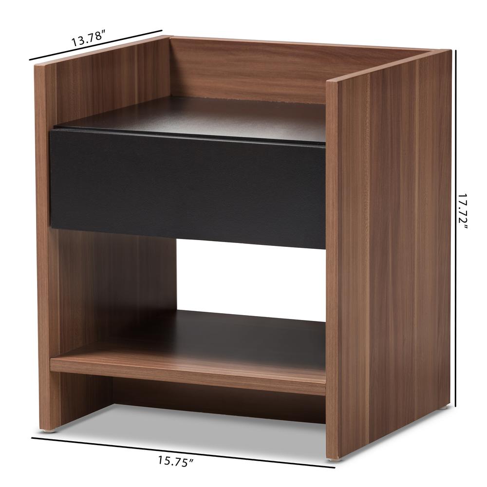 Vanda Modern and Contemporary Two-Tone Walnut and Black Wood 1-Drawer Nightstand. Picture 14