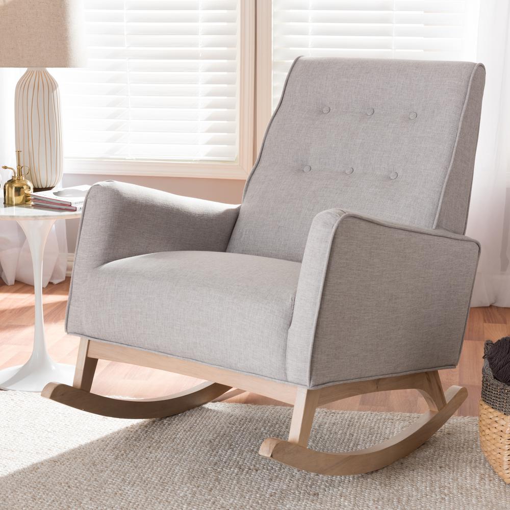 Marlena Mid-Century Modern Greyish Beige Fabric Upholstered Whitewash Wood Rocking Chair. Picture 8