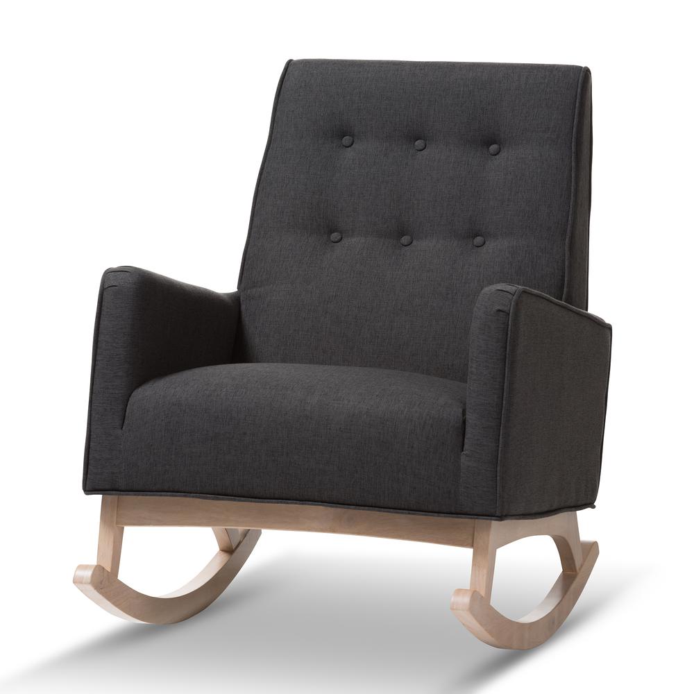 Dark Grey Fabric Upholstered Whitewash Wood Rocking Chair. Picture 10