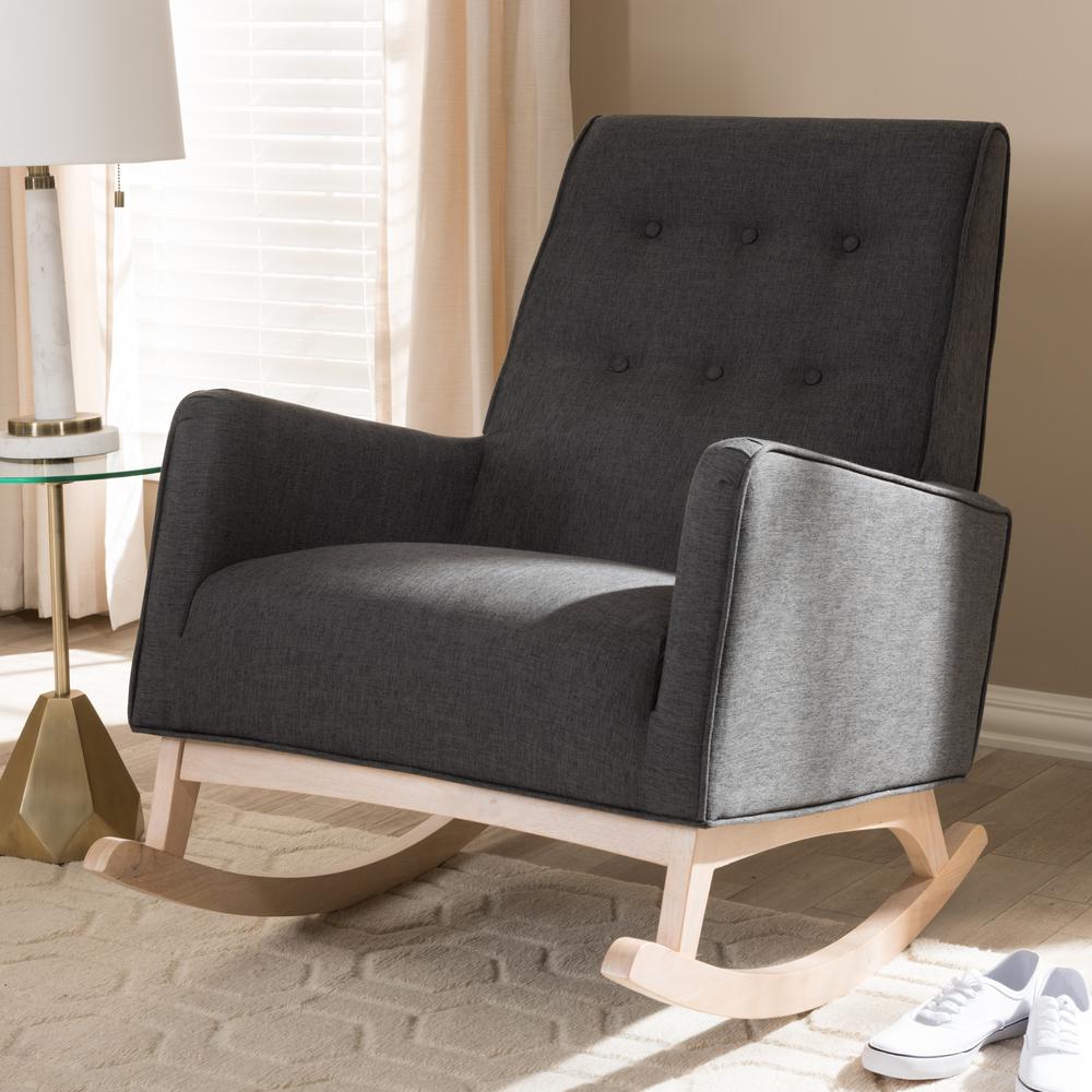 Dark Grey Fabric Upholstered Whitewash Wood Rocking Chair. Picture 16