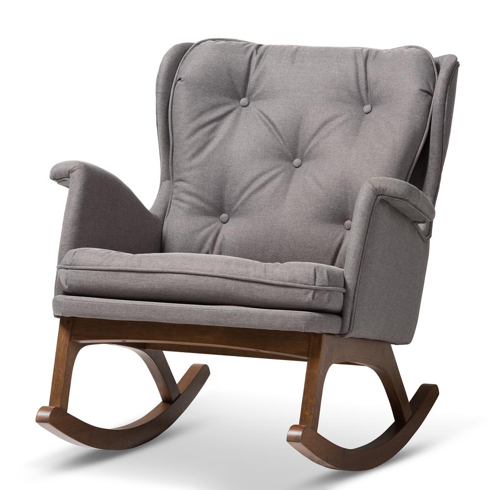 Maggie Mid-Century Modern Grey Fabric Upholstered Walnut-Finished Rocking Chair. Picture 10