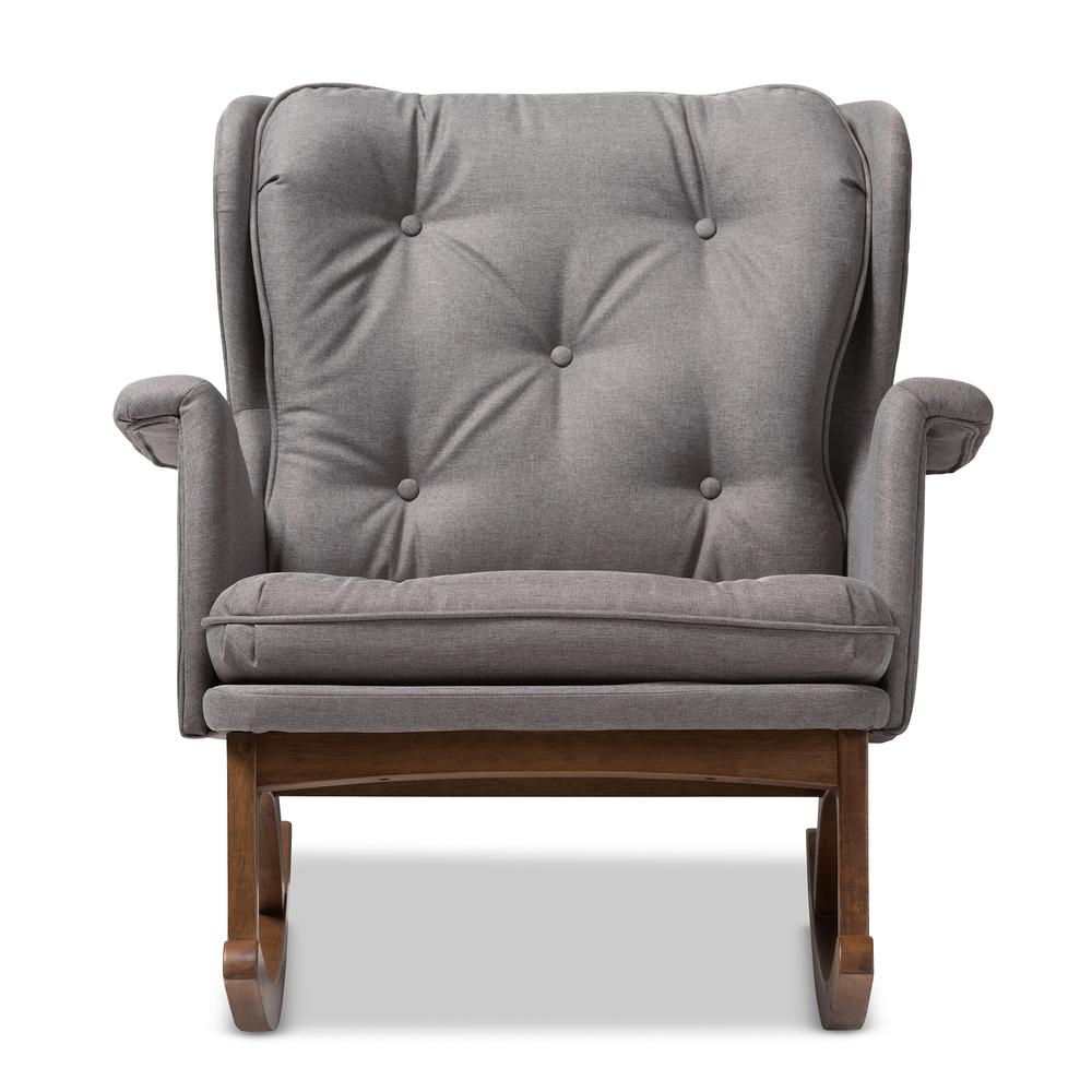 Maggie Mid-Century Modern Grey Fabric Upholstered Walnut-Finished Rocking Chair. Picture 11