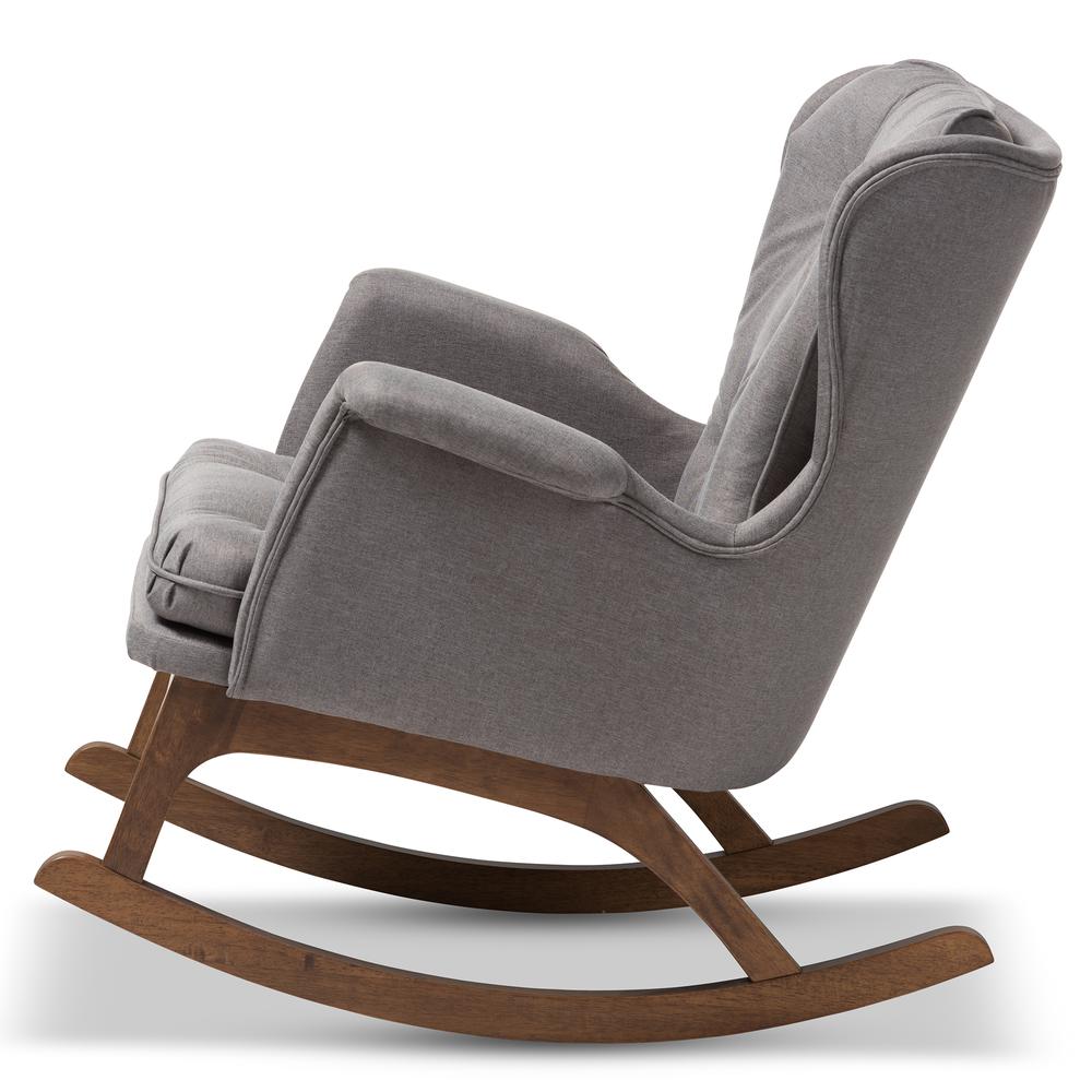Maggie Mid-Century Modern Grey Fabric Upholstered Walnut-Finished Rocking Chair. Picture 12