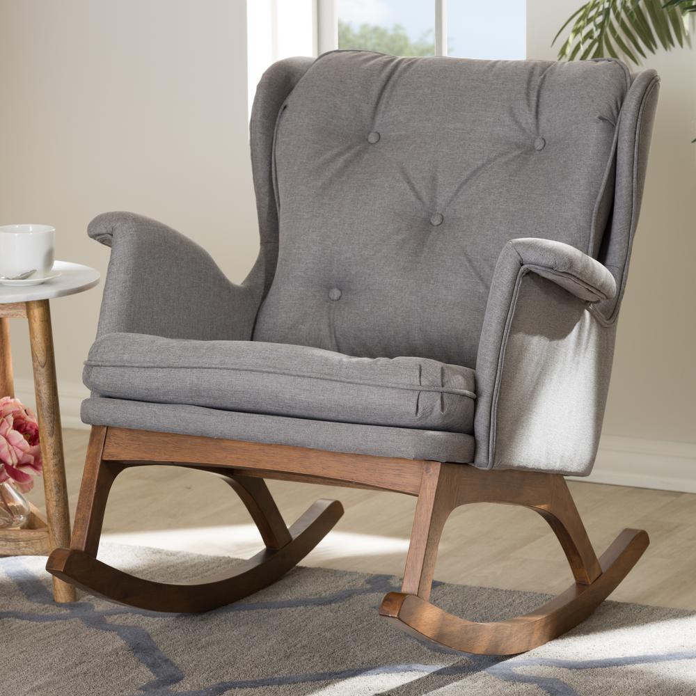 Maggie Mid-Century Modern Grey Fabric Upholstered Walnut-Finished Rocking Chair. Picture 16