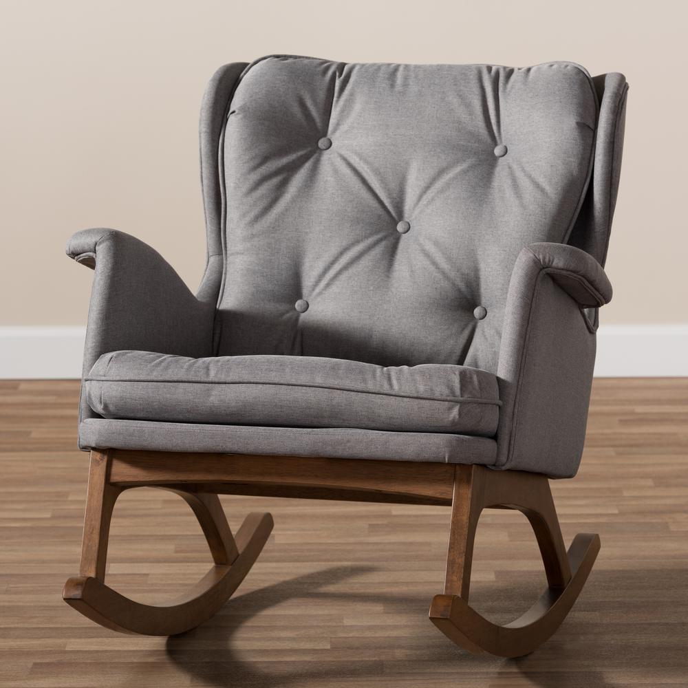 Maggie Mid-Century Modern Grey Fabric Upholstered Walnut-Finished Rocking Chair. Picture 17
