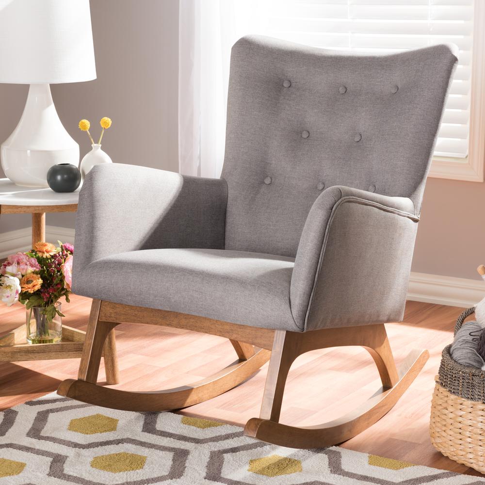Baxton Studio Waldmann Mid-Century Modern Grey Fabric Upholstered Rocking Chair. Picture 14