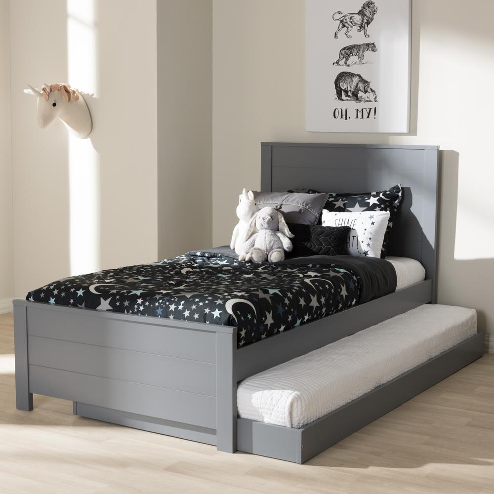 Classic Mission Style Grey-Finished Wood Twin Platform Bed with Trundle. Picture 21