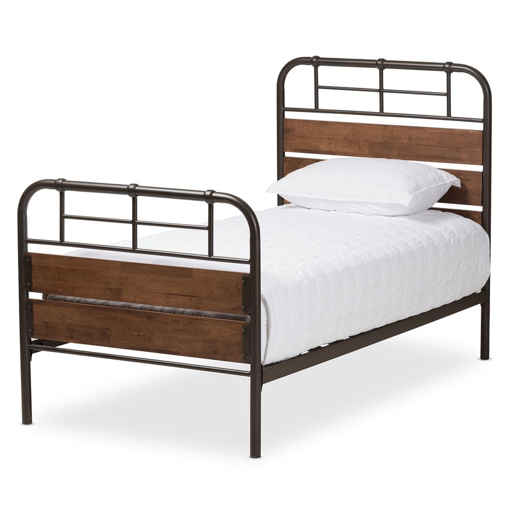 Industrial Black Bronze Finished Metal Coco Brown Wood Twin Size Platform Bed. Picture 9