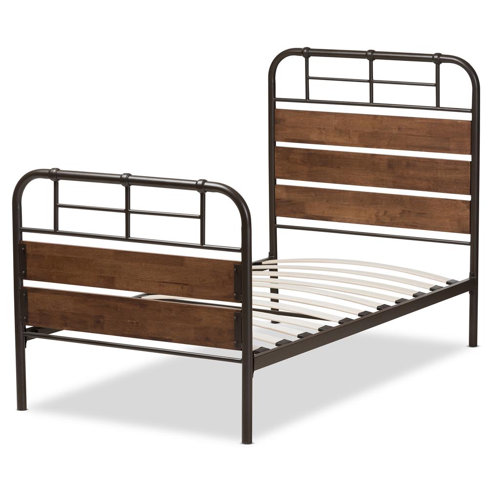 Industrial Black Bronze Finished Metal Coco Brown Wood Twin Size Platform Bed. Picture 11