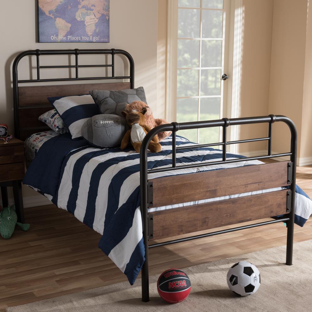 Industrial Black Bronze Finished Metal Coco Brown Wood Twin Size Platform Bed. Picture 14