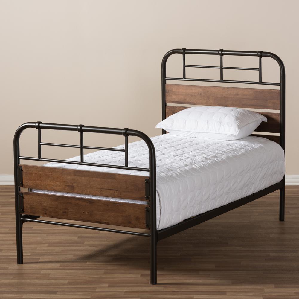 Industrial Black Bronze Finished Metal Coco Brown Wood Twin Size Platform Bed. Picture 15