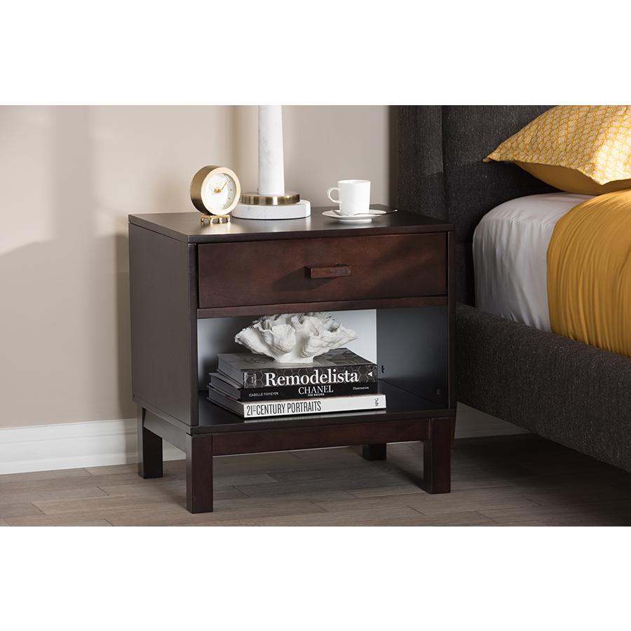 Deirdre Modern and Contemporary Dark Brown Wood 1-Drawer Nightstand. Picture 9