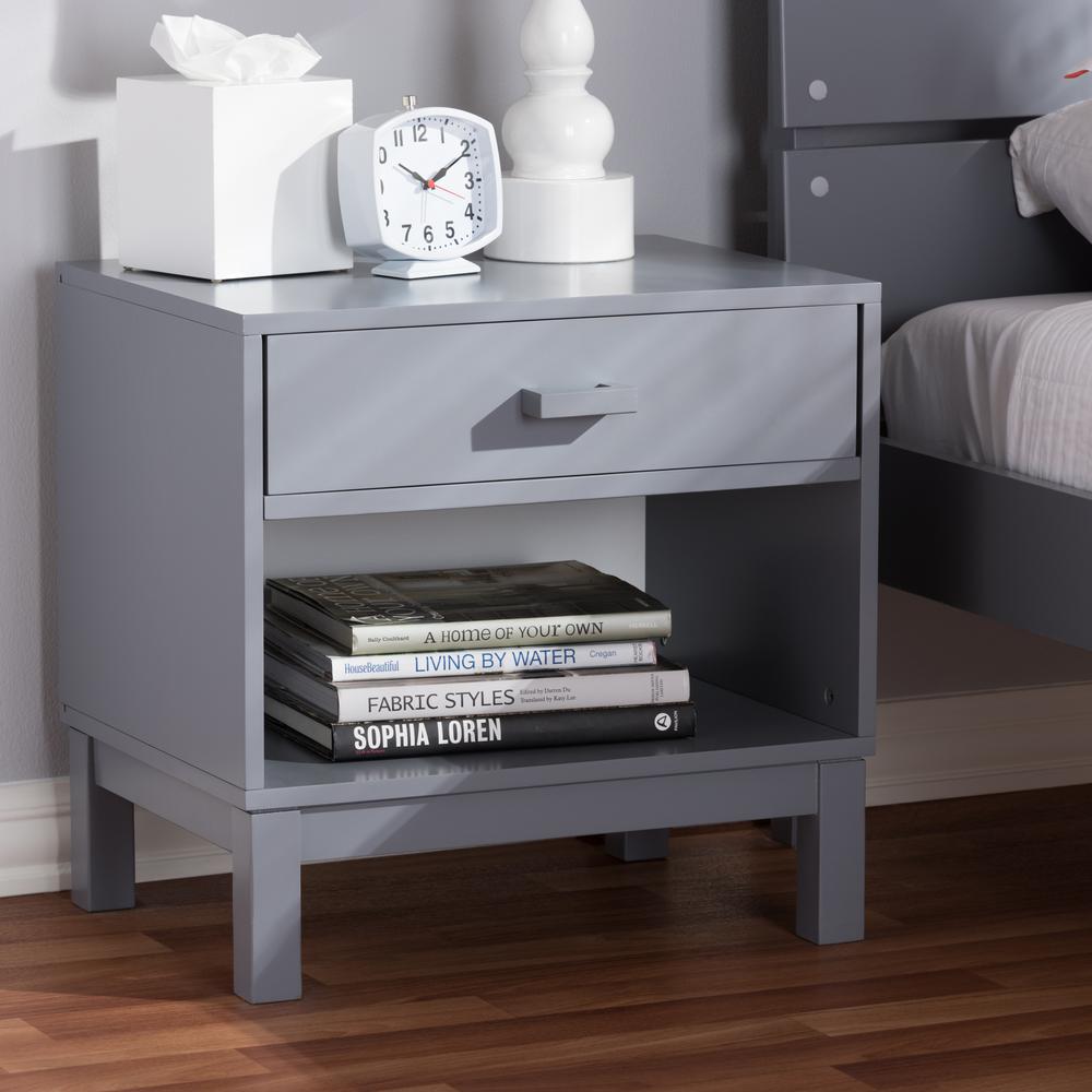 Baxton Studio Deirdre Modern and Contemporary Grey Wood 1-Drawer Nightstand. Picture 18