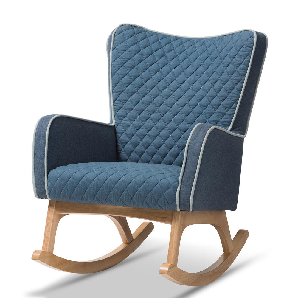 Zoelle Mid-Century Modern Blue Fabric Upholstered Natural Finished Rocking Chair. Picture 10