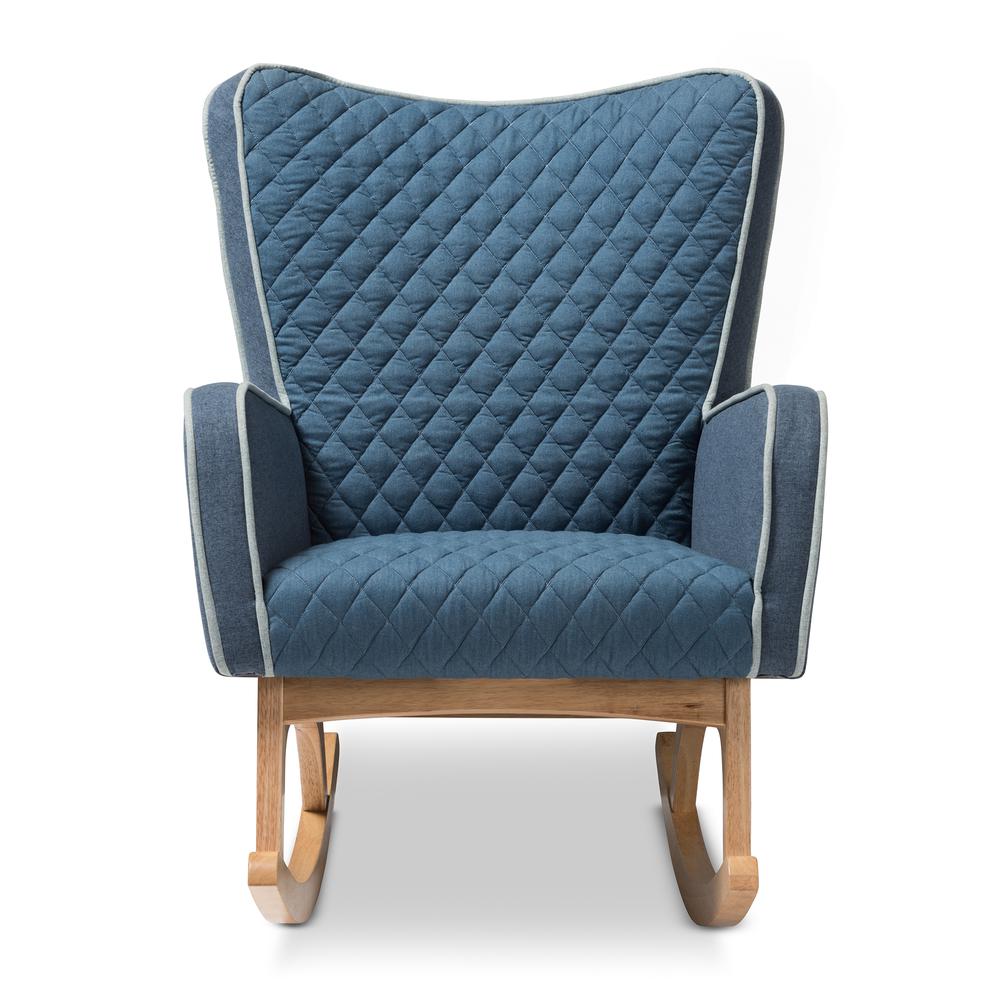 Zoelle Mid-Century Modern Blue Fabric Upholstered Natural Finished Rocking Chair. Picture 11