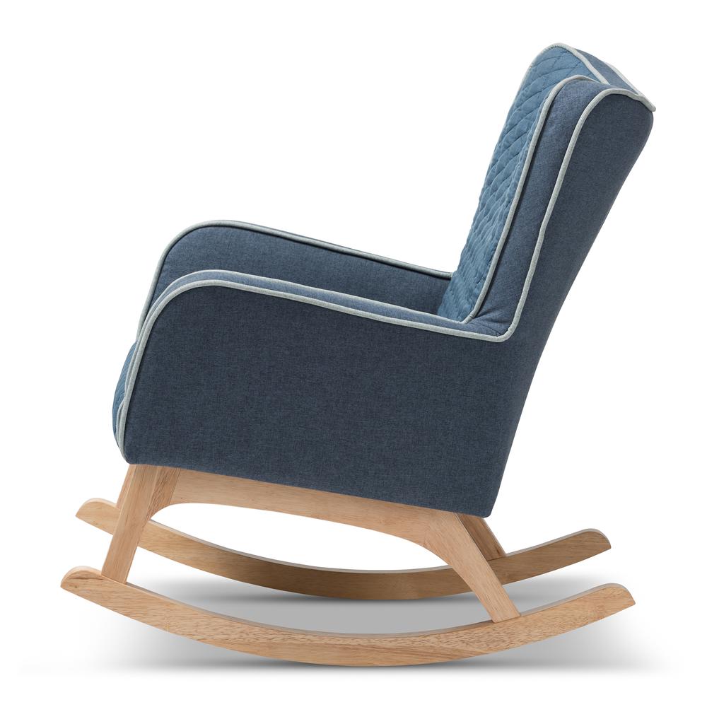 Zoelle Mid-Century Modern Blue Fabric Upholstered Natural Finished Rocking Chair. Picture 12