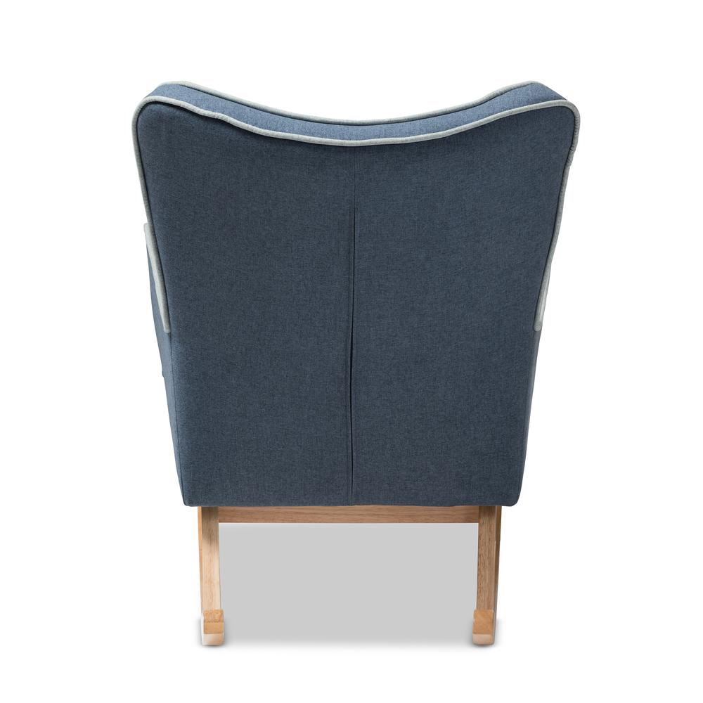 Zoelle Mid-Century Modern Blue Fabric Upholstered Natural Finished Rocking Chair. Picture 13