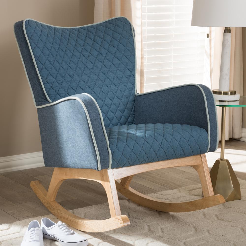Zoelle Mid-Century Modern Blue Fabric Upholstered Natural Finished Rocking Chair. Picture 16