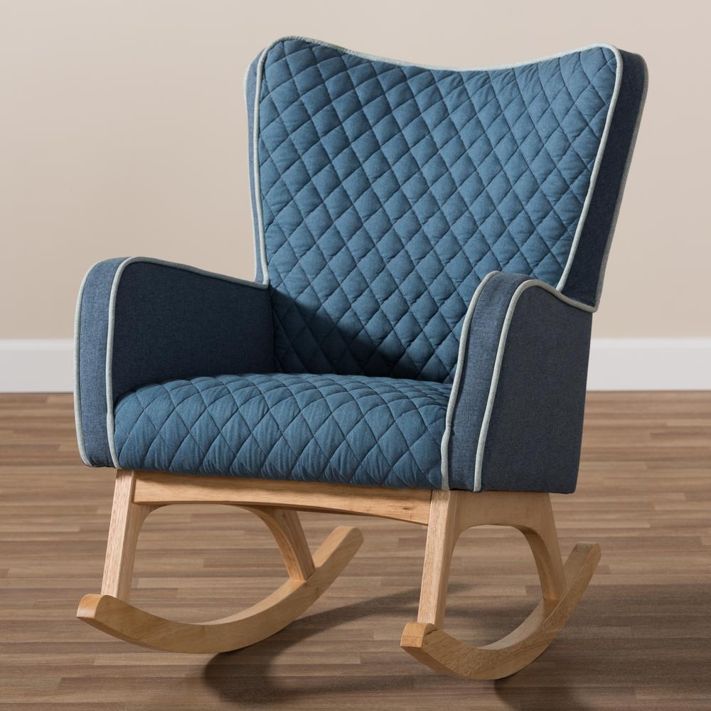 Zoelle Mid-Century Modern Blue Fabric Upholstered Natural Finished Rocking Chair. Picture 17