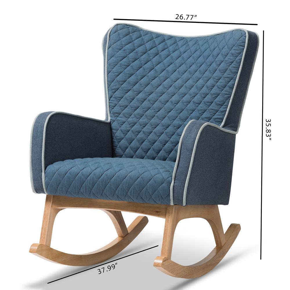 Zoelle Mid-Century Modern Blue Fabric Upholstered Natural Finished Rocking Chair. Picture 18