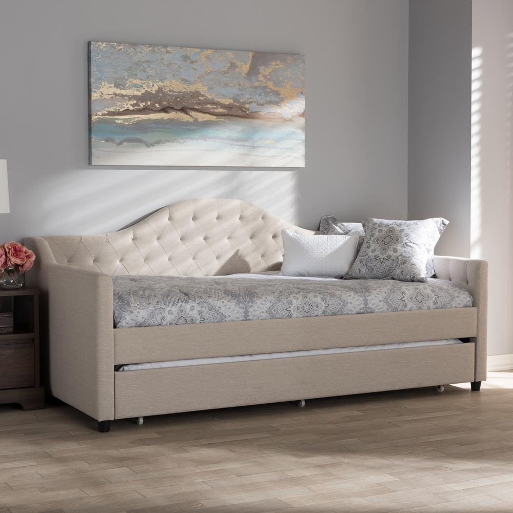 Perry Modern and Contemporary Light Beige Fabric Daybed with Trundle. Picture 19