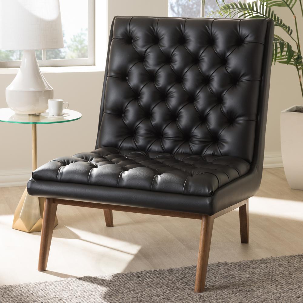 Annetha Mid-Century Modern Black Faux Leather Upholstered Walnut Finished Wood Lounge Chair. Picture 8