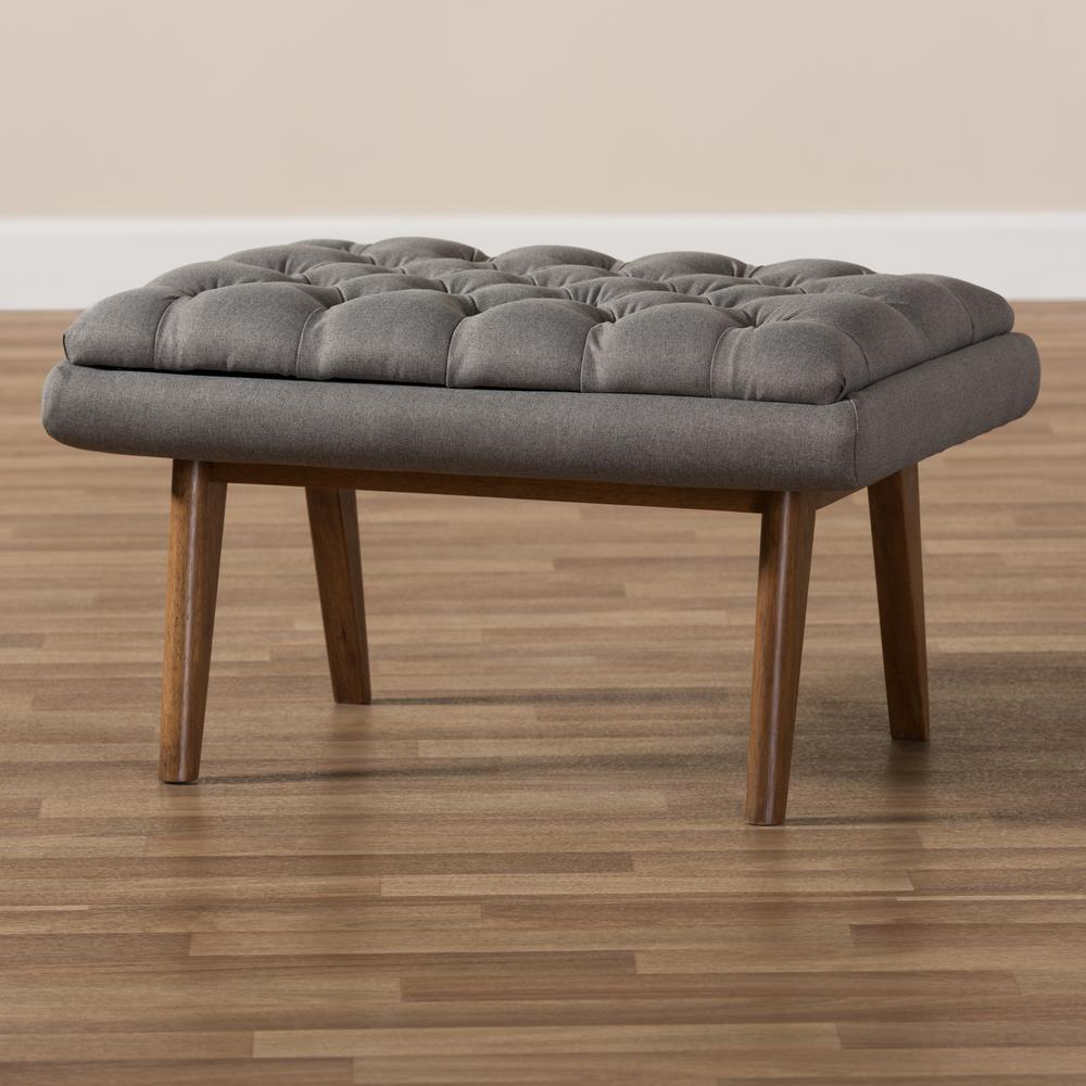 Annetha Mid-Century Modern Grey Fabric Upholstered Walnut Finished Wood Ottoman. Picture 15