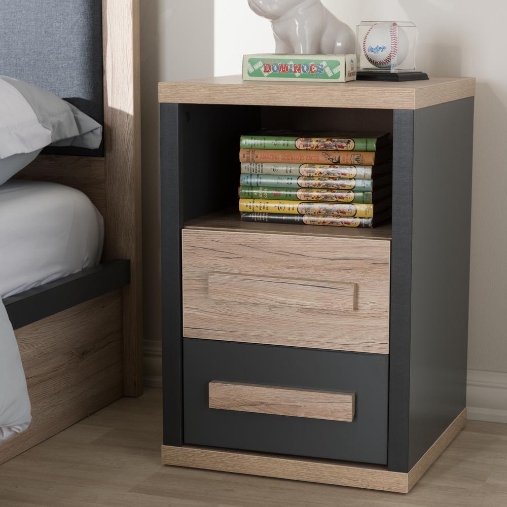 Pandora Modern and Contemporary Dark Grey and Light Brown Two-Tone 2-Drawer Nightstand. Picture 9
