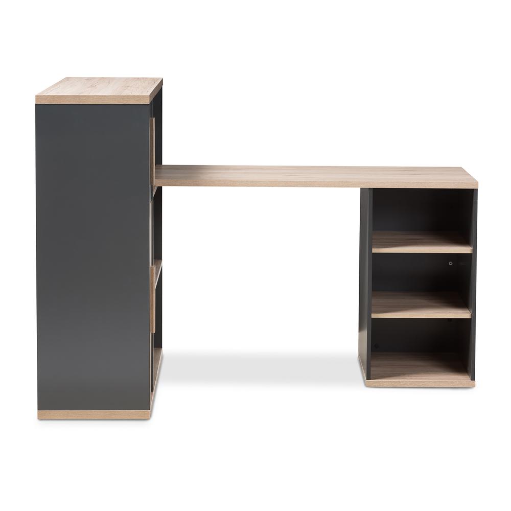 Dark Grey and Light Brown Two-Tone Study Desk with Built-in Shelving Unit. Picture 11