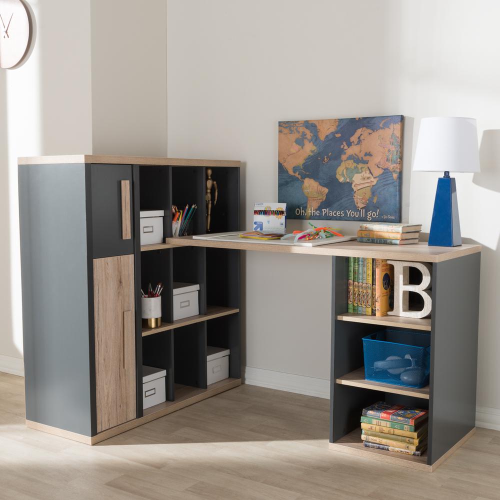 Pandora Modern and Contemporary Dark Grey and Light Brown Two-Tone Study Desk with Built-in Shelving Unit. Picture 8