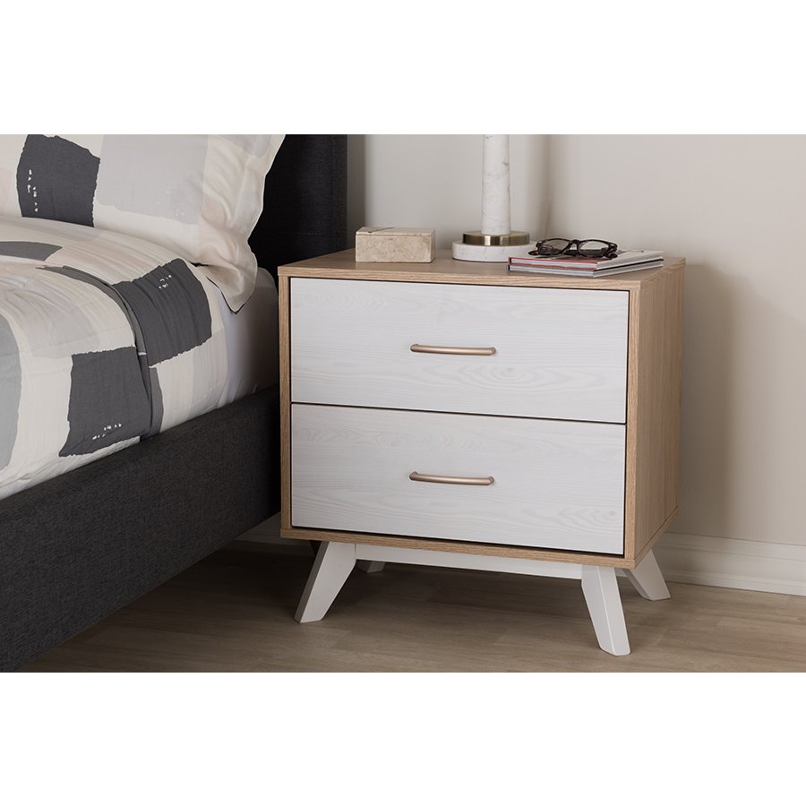 Helena Mid-Century Modern Natural Oak and Whitewashed Finished Wood 2-Drawer Nightstand. Picture 9