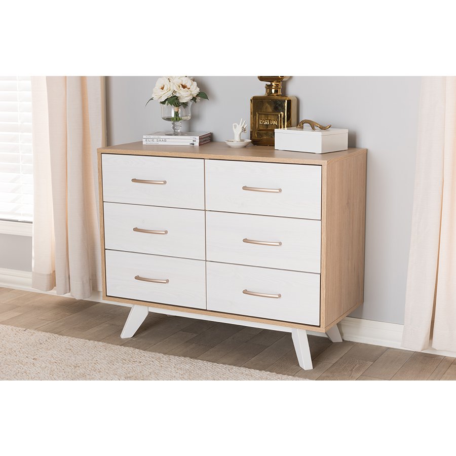 Helena Mid-Century Modern Natural Oak and Whitewashed Finished Wood 6-Drawer Dresser. Picture 9