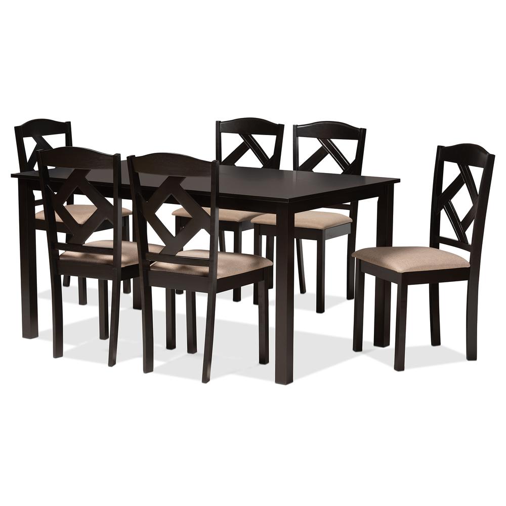 Ruth Sand Fabric Upholstered and Dark Brown Finished Wood 7-Piece Dining Set. Picture 11