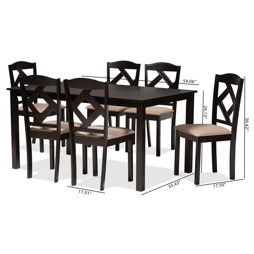 Ruth Sand Fabric Upholstered and Dark Brown Finished Wood 7-Piece Dining Set. Picture 20