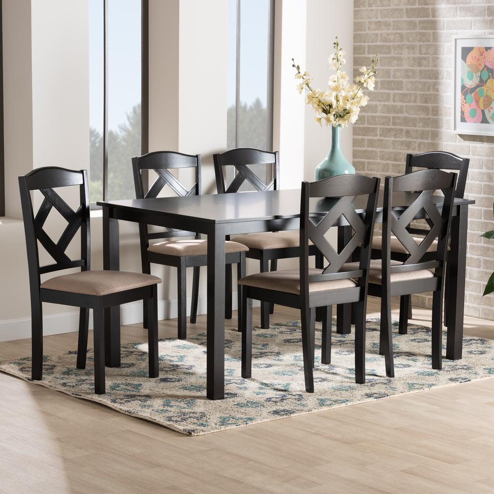 Ruth Sand Fabric Upholstered and Dark Brown Finished Wood 7-Piece Dining Set. Picture 18
