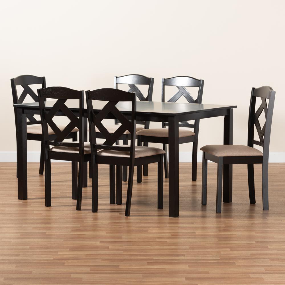 Ruth Sand Fabric Upholstered and Dark Brown Finished Wood 7-Piece Dining Set. Picture 19