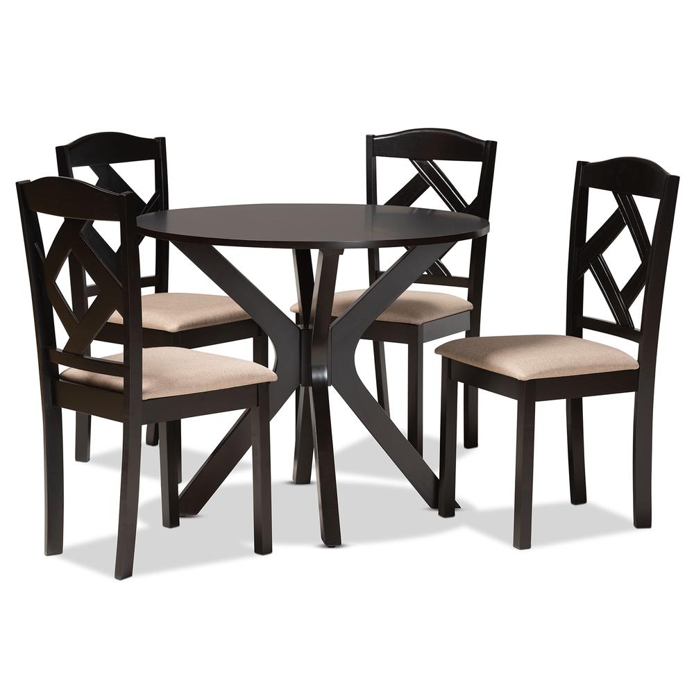 Carlin Sand Fabric Upholstered and Dark Brown Finished Wood 5-Piece Dining Set. Picture 11