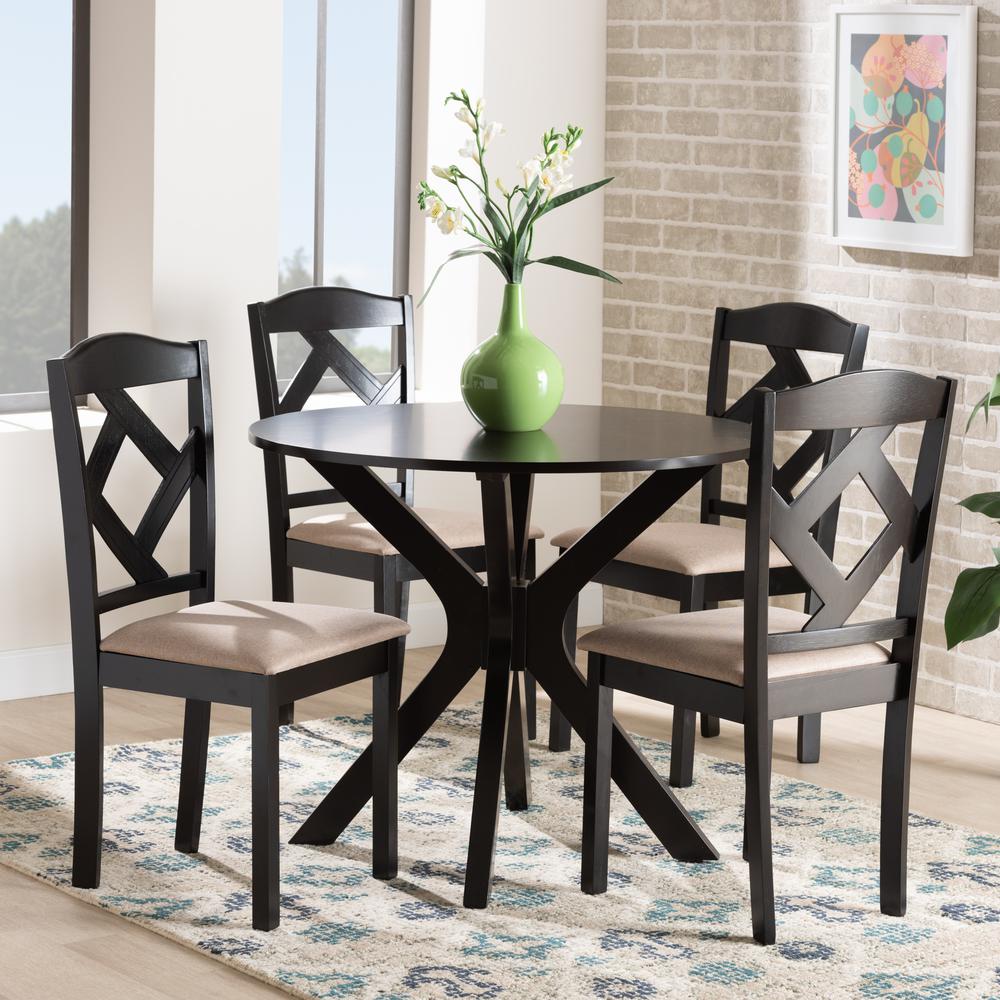 Carlin Sand Fabric Upholstered and Dark Brown Finished Wood 5-Piece Dining Set. Picture 18