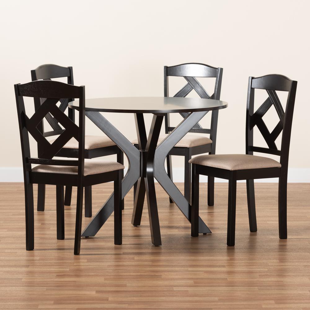 Carlin Sand Fabric Upholstered and Dark Brown Finished Wood 5-Piece Dining Set. Picture 19