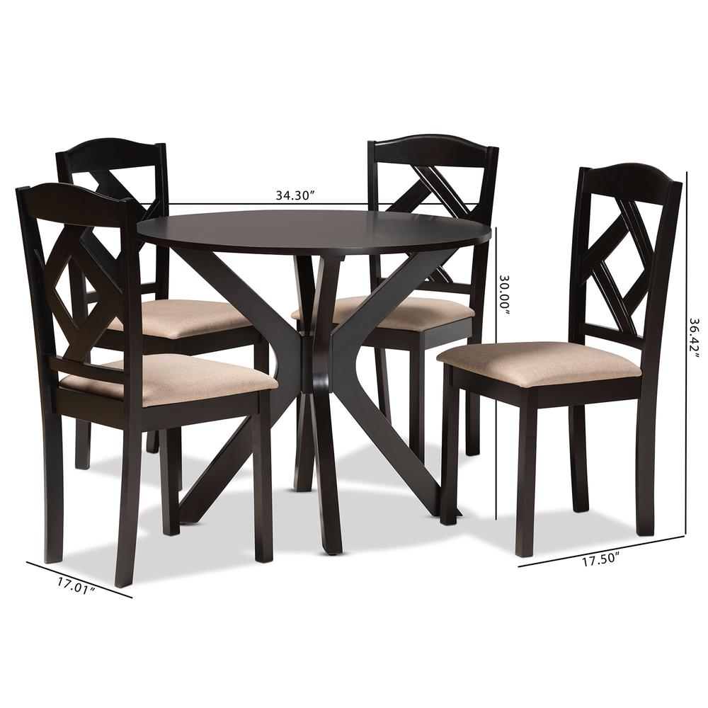 Carlin Sand Fabric Upholstered and Dark Brown Finished Wood 5-Piece Dining Set. Picture 20