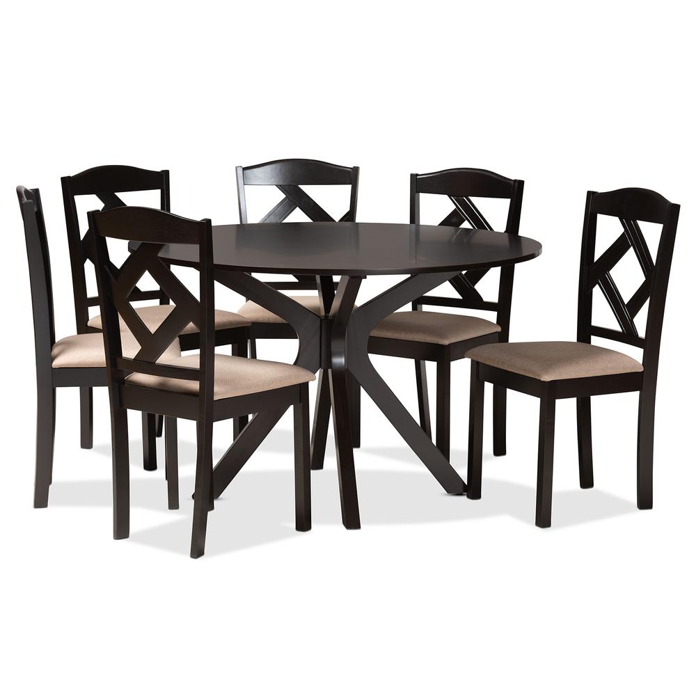 Carlin Sand Fabric Upholstered and Dark Brown Finished Wood 7-Piece Dining Set. Picture 11