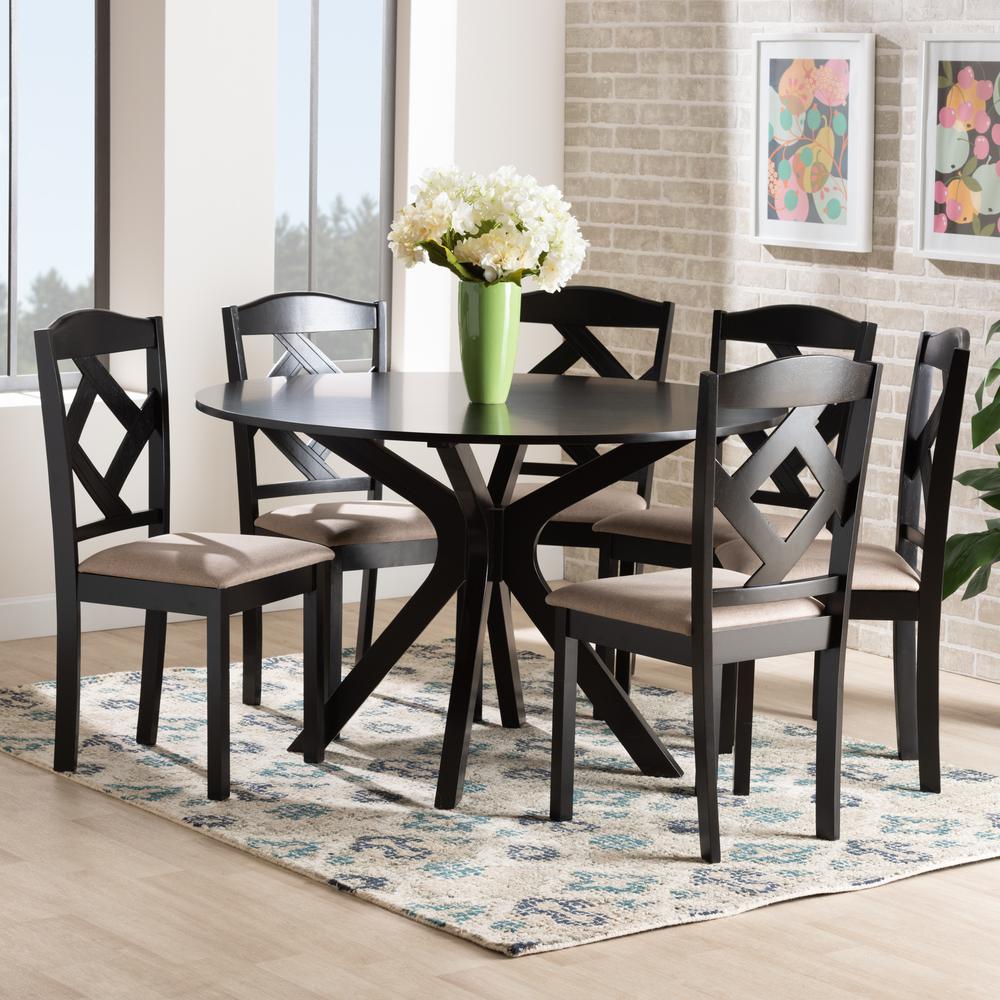 Carlin Sand Fabric Upholstered and Dark Brown Finished Wood 7-Piece Dining Set. Picture 18