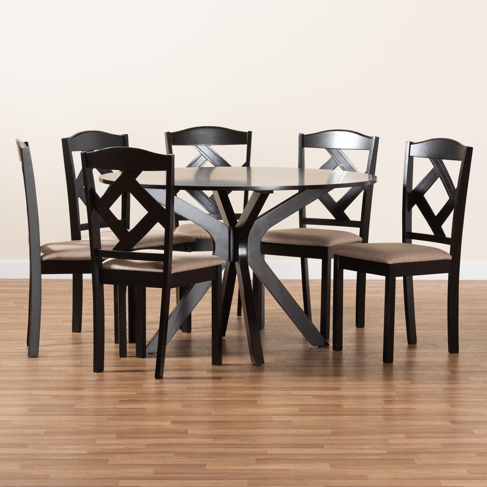 Carlin Sand Fabric Upholstered and Dark Brown Finished Wood 7-Piece Dining Set. Picture 19